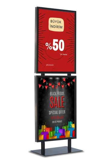 50x70 Çift Katlı Sac Taban Kaldırım Reklam Panosu Ayaklı Poster Pano Siyah Çift Taraflı