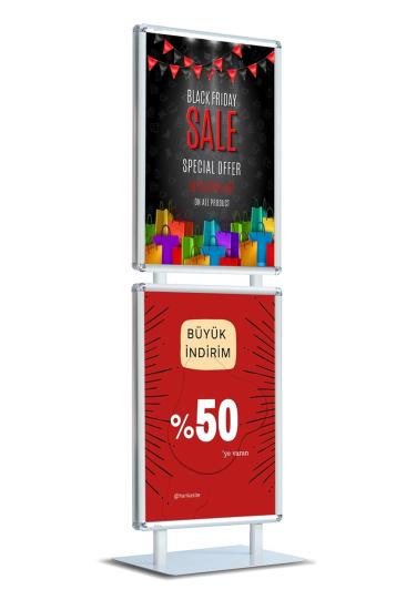  50x70 Çift Katlı Sac Taban Kaldırım Reklam Panosu Ayaklı Poster Pano Gri Çift Taraflı